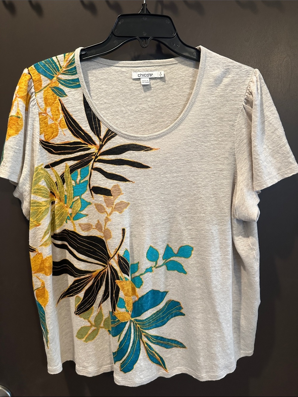 Chico's 100% Linen Tropical Floral Scoop Neck Short Sleeve Tee, Size Large